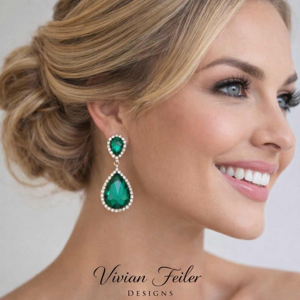 Emerald green gold earrings CZ Crystal